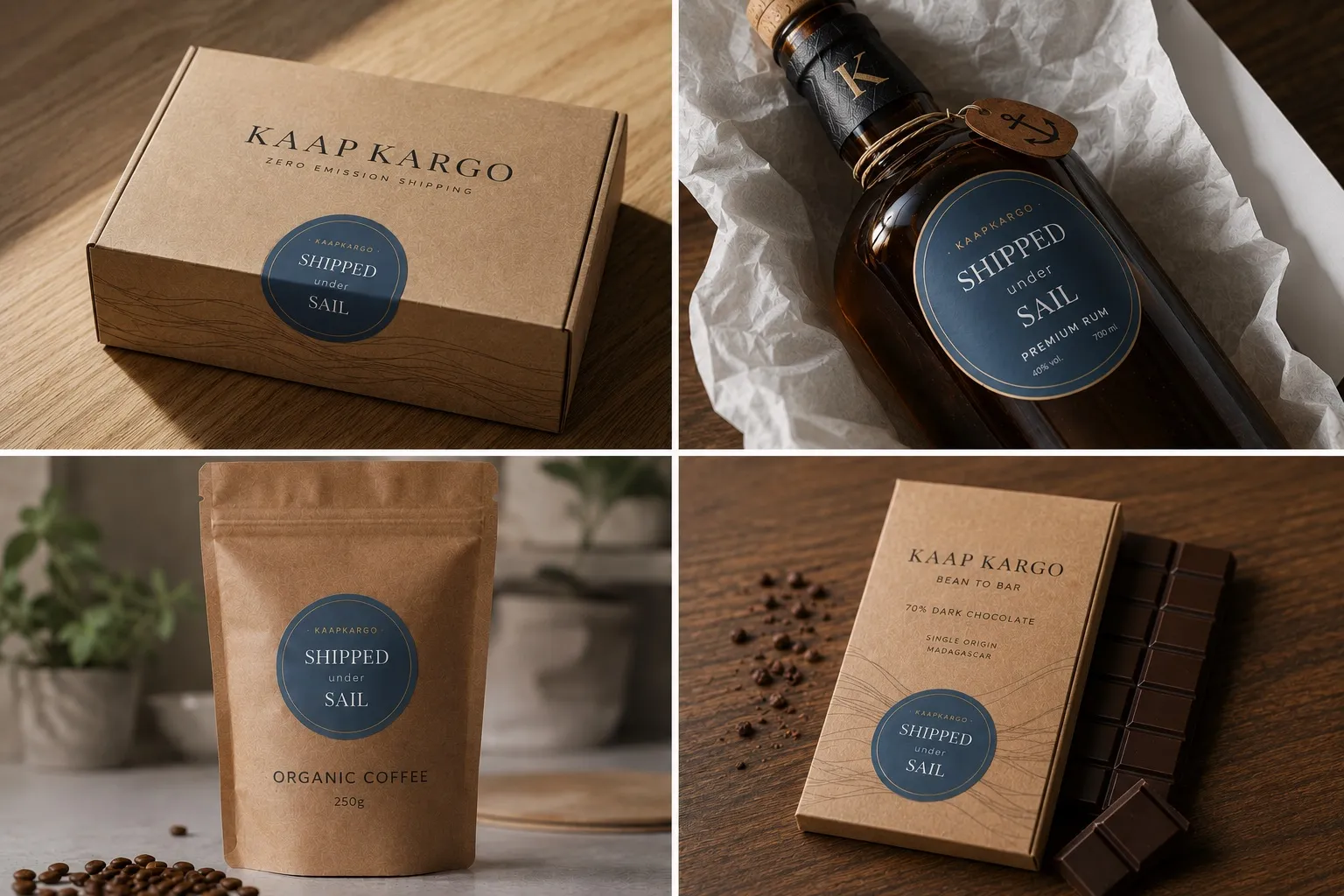 Vier verpakkingsmockups met het ronde Shipped under Sail-keurmerk: een Kaap Kargo-verzenddoos, een fles rum in vloeipapier, een zak biologische koffie en een doosje bean-to-bar chocolade