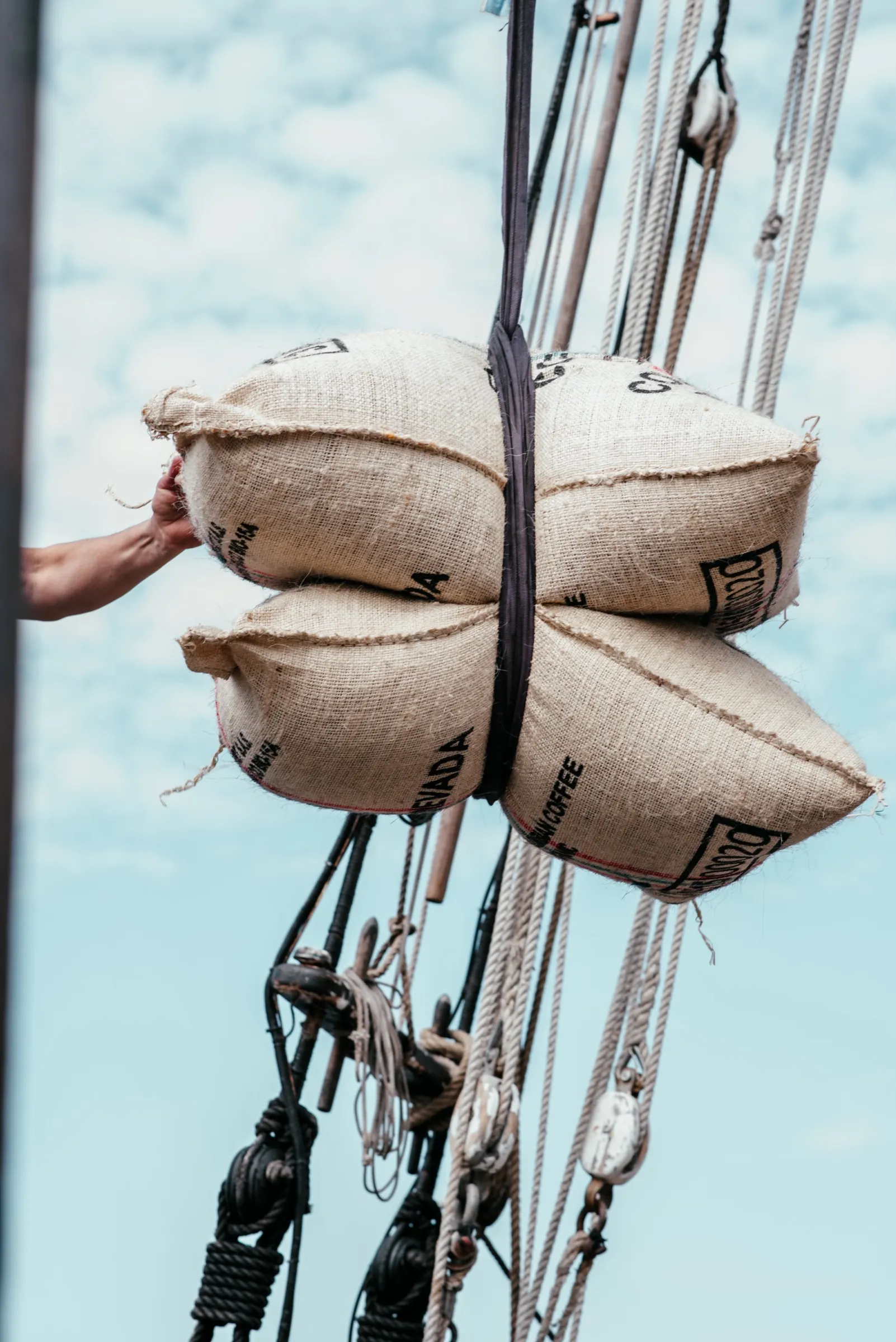 A sling of burlap coffee sacks hoisted overhead against a bright sky, rigging and blocks around it